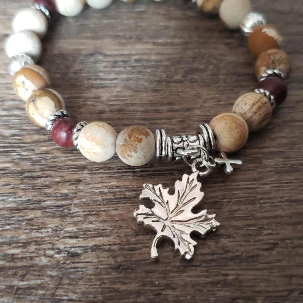 Picture Jasper Maple Leaf Charm Beaded Bracelet